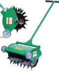 Rolling Lawn Aerator For Easy Lawn Care, Heavy Duty Push Spike Aerator Up To 55 Lbs, side view and top view