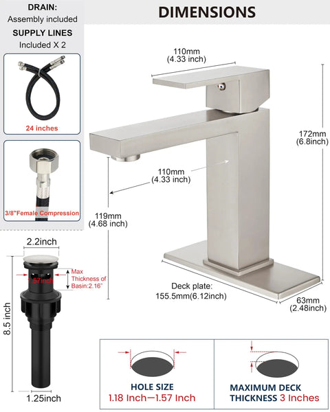 1 Hole Single Handle Stainless Steel Bathroom Faucet With Deck Plate In Brushed Nickel Modern Vanity Sink Faucet Set Includes Water Supply Hoses ABS Pop Up Drain No Plumber Needed Easy Install Kit