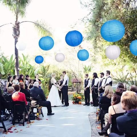 Wedding with Blue And White Hanging Round Paper Lantern Set - 24 Pack Multi-Size Lanterns (12in 6, 10in 6, 8in 6, 6in 6)