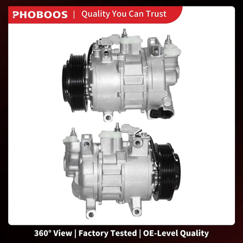 Premium Air Conditioning Compressor With Rock Solid Clutch Direct Bolt On, showing top and side views for Chrysler 300 Dodge Charger Challenger.