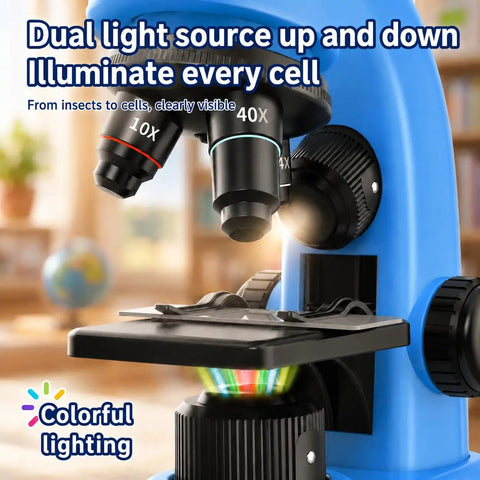 Awesome Kids Microscope Kit 40x To 1600x Magnification With LED Light STEM Toy For Beginners Ages 6 To 12 Includes Prepared Slides And Tool Set For Curious Young Scientists. blue plastic microscope with dual LED lighting and 10x 40x lenses