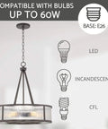 Cheyenne 23 Inch Four Light Modern Drum Chandelier with Rippled Glass Panel Shade showing bulb compatibility and E26 base