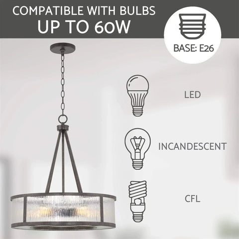 Cheyenne 23 Inch Four Light Modern Drum Chandelier with Rippled Glass Panel Shade showing bulb compatibility and E26 base