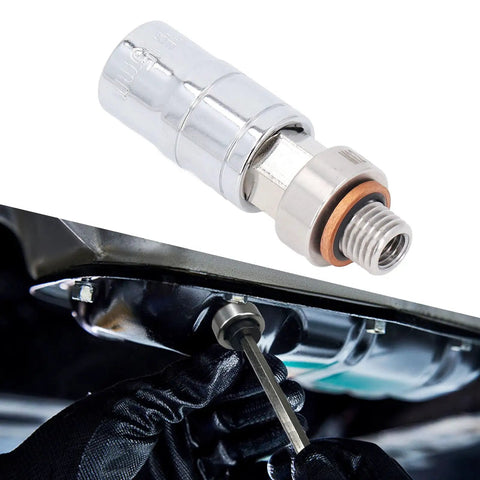 Repair Stripped Oil Pan Threads With Piggyback Drill Bit M12x1.5, Stainless Steel Self Tapping Plug Kit For Car Engines, No Welding Needed Quick Fix installed in oil pan with wrench