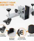 Heavy Duty Door Lifter Dolly Twin Pack For Doors From One And Three Eighths Inches To Two And One Half Inches Prehung Slab Front Steel Doors Installation Tools For Commercial And Residential Use showing steel frame, wheels, and adjustable clamps.