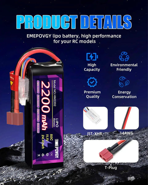 11.1V 3S 2200mAh 50C LiPo Battery Pack With T Plug For FPV Drones Quadcopters RC Airplanes JST XHR Charge Plug