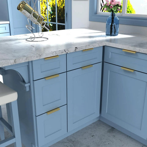 30 Pack 3 Inch Center Gold Finger Edge Pulls for cabinets and drawers on blue kitchen cabinets
