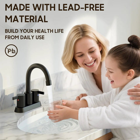 Mother and daughter using Matte Black 4 Inch Centerset Two Handle Bathroom Faucet with 360 Degree Swivel Spout