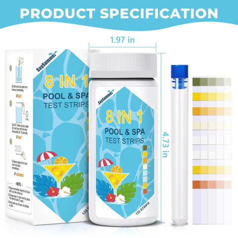 Freaking Easy 125 Pack Salt Water Pool Test Strips Kit For Hot Tub Spa Testing with container and test results.
