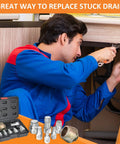 Plumber using One And A Half Inch Tub Drain Extractor Kit with 6 Pipe Nipple Extractors, tools in solid storage case nearby.
