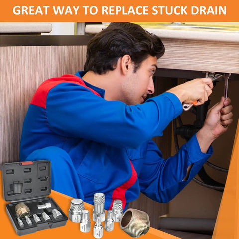 Plumber using One And A Half Inch Tub Drain Extractor Kit with 6 Pipe Nipple Extractors, tools in solid storage case nearby.