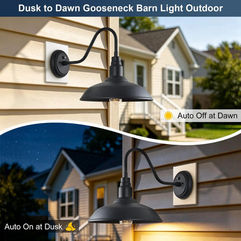 14 Inch Large Dome Gooseneck Barn Light Outdoor With Dusk To Dawn Sensor Matte Black Exterior Wall Sconce attached to house