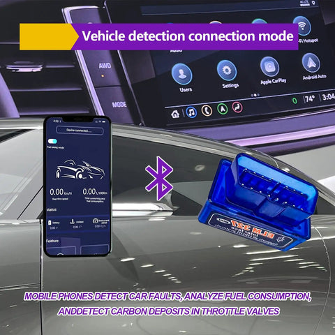 Plug And Play Wireless ELM327 OBDII Car Diagnostic Scanner and Bluetooth Code Reader showing vehicle connection mode on smartphone.