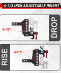 Adjustable Heavy Duty Tri Ball Trailer Hitch For 2 Inch Receiver With 4.5 Inch Rise And Drop Includes One And Seven Eighths Inch, Two Inch, And Two Five Sixteenths Inch Trailer Balls Tow Hook And Shackle 10000 Lb GTW 1000 Lb TW Pin Lock And Hitch showing 4.5 inch rise and drop feature