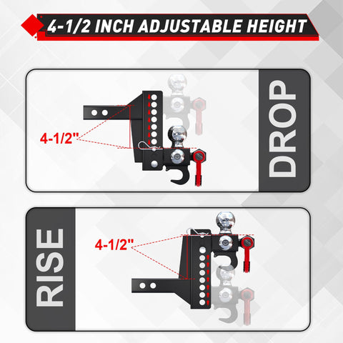 Adjustable Heavy Duty Tri Ball Trailer Hitch For 2 Inch Receiver With 4.5 Inch Rise And Drop Includes One And Seven Eighths Inch, Two Inch, And Two Five Sixteenths Inch Trailer Balls Tow Hook And Shackle 10000 Lb GTW 1000 Lb TW Pin Lock And Hitch showing 4.5 inch rise and drop feature