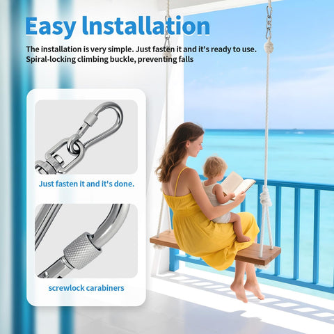 Mother and child on swing showing Heavy Duty 1200 Lb Capacity Swivel Ring Double Ended Eye Hook In 304 Stainless Steel Includes Swivel Hooks