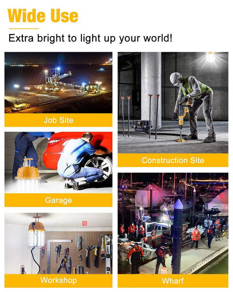 LED Temporary Work Light 100W With 12000 Lumens And 5000K Daylight Stainless Steel Guard used in various jobsite settings.