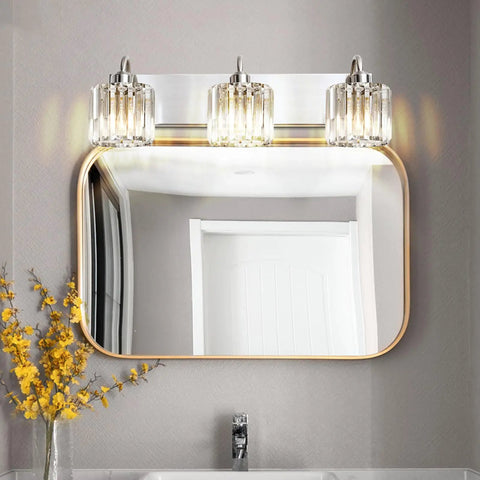 Three-Light Brushed Nickel Vanity Light Fixture For Bathroom Over Mirror With Crystal Accents, Dope Modern Wall Mount, UL Listed