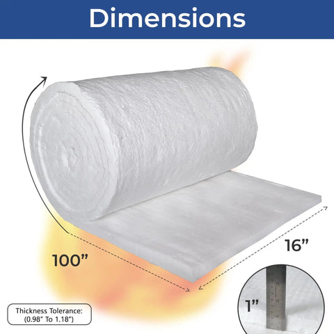 Ceramic Fiber Insulation Blanket 2400F High Heat Fireproof 1 Inch Thick 16 By 100 Inch for ovens and furnaces dimensions.