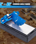 Pro Grade Chisel Sharpening Kit With Sharpening Stones And Honing Guide, close-up of honing guide set to 15 to 45 degrees.