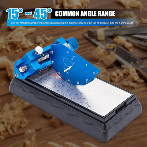 Pro Grade Chisel Sharpening Kit With Sharpening Stones And Honing Guide, close-up of honing guide set to 15 to 45 degrees.