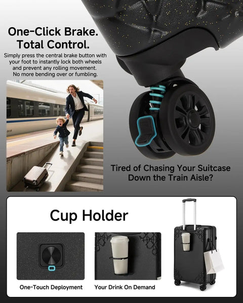 Expandable 20 Inch Carry On Luggage With Shock Absorbing Braking Spinner Wheels, Moon And Star Design Tough As Nails Shell