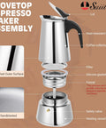Four Cup Moka Pot Stovetop Espresso Maker in 304 Stainless Steel Induction Compatible with labeled parts and features