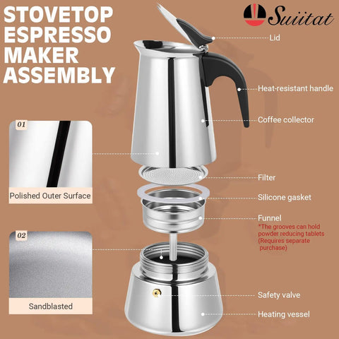 Four Cup Moka Pot Stovetop Espresso Maker in 304 Stainless Steel Induction Compatible with labeled parts and features