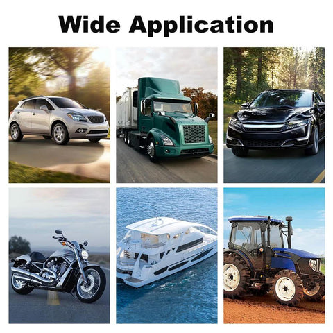 Wide collage of vehicles including a car, semi-truck, SUV, motorcycle, yacht and tractor.