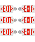 Six red exit signs with LED lights, showing two adjustable heads, part of Led Exit Sign And Emergency Light Kit With Battery Backup For Business.