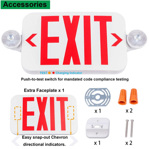 Smooth Running Exit Sign And Emergency Light Featuring Rock Solid Battery Backup Lasts Ninety Minutes Through Power Drops Dual Adjustable Led Heads Handle Any Room Or Shop Universal Wire In Two Pack Built Tough with red exit sign and accessory kit.