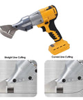 Depisuta Cordless Electric Metal Shears With 360 Degree Rotating Head And Alloy Blades for cutting straight and curved lines in metal.