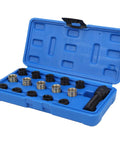Premium Heavy Duty Thread Repair Tool Kit Built From Tough Carbon Steel For Mechanics And DIY Experts To Fix Damaged Bolts Like A Boss With High Strength Insert Bits And Portable Case Included. Blue case open with carbon steel thread inserts and tap