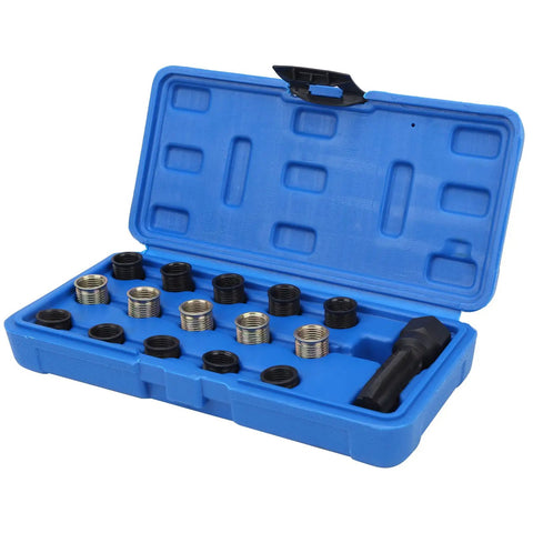 Premium Carbon Steel Thread Repair Kit For M14x1.25 And M16x1.25 Restores Damaged Bolts With Tough Tools Portable Design That Makes Fixing Stripped Threads No Big Deal For Your Garage Or Roadside Jobs, blue case with inserts