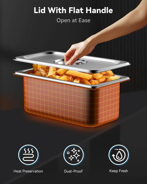 Hand lifting lid from 8 Pack Hotel Pans With Lids, One Third Size 6 Inch Deep Stainless Steel Steam Table Pans, 22 Gauge, Anti Jam Commercial Pans