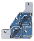 Heavy Duty Welding Magnets 28KG Pull Force, Dual Switch Angle Fixture with blue markings for steel positioning.