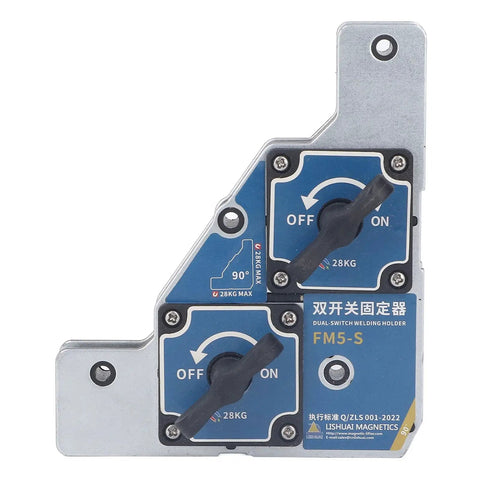 Heavy Duty Welding Magnetic Holder With Dual Switch Locks Holds 62 Lbs 90 Degree Clamps Securely For Steel Plate Iron Pipe Fabrication Jobs, close-up of dual switch design.