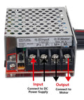 7 to 70V PWM DC Motor Speed Controller 30A with Onboard Stop and Brake Switch showing input and output terminals