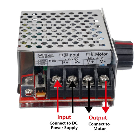 7 to 70V PWM DC Motor Speed Controller 30A with Onboard Stop and Brake Switch showing input and output terminals