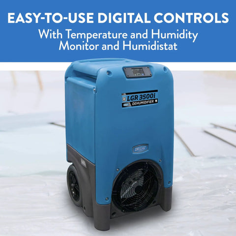 LGR 3500i Industrial Dehumidifier With Built In Pump for basements and garages showing digital controls and wheels