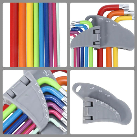 Rock Solid 9 Pcs Colored Hex Key Wrench Set With Long Arms For DIY Repairs And Emergencies, Perfect Multi Function Steel Hand Tools To Spice Up Your Toolkit And Save Time On Any Job Around The Shop Or Garage; color-coded Torx keys in holder