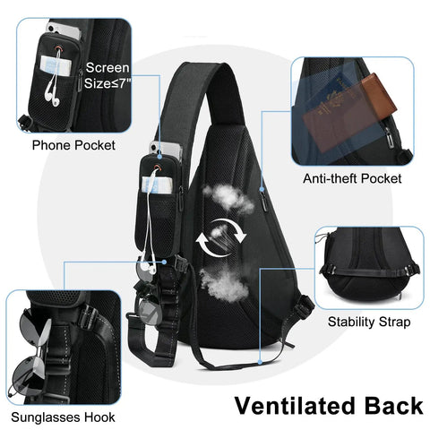Back view of Women Sling Bag With 8 Pockets 19L One Strap Crossbody Backpack For Travel Hiking And Everyday Use showing anti-theft pocket