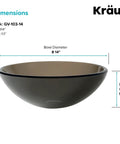 Slick Round Clear Brown Glass Vessel Sink, 14 Inch Above-Counter Bathroom Vanity Basin displayed with dimensions.