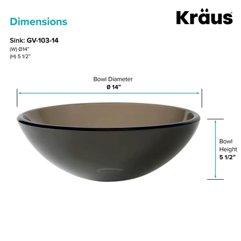 Slick Round Clear Brown Glass Vessel Sink, 14 Inch Above-Counter Bathroom Vanity Basin displayed with dimensions.