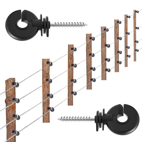 Dang Solid Heavy Duty Screw In Electric Fence Insulators 30 Pack with timber posts and steel drill socket installed.