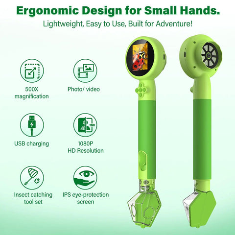 2 In 1 Digital Microscope Kit With Bug Catcher For Kids Portable Handheld 1080P HD Microscope, green, front and side view