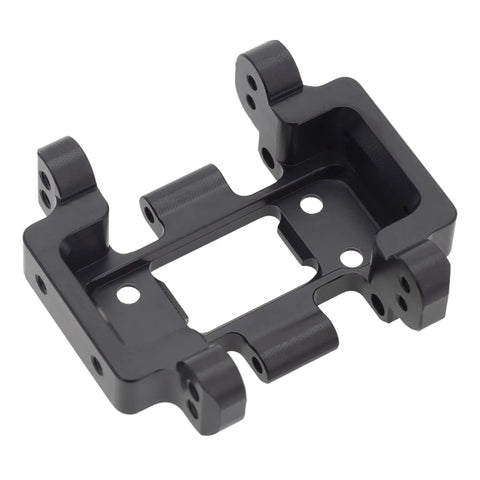 Black mounting bracket for RC vehicles, showcasing screw holes and robust angular design made from durable metal.