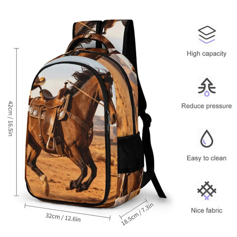 Unisex Western Galloping Horse Printed Backpack with large capacity, durable polyester, breathable construction, and easy clean fabric.
