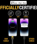 Comparison of Beefy Heavy Duty 3 in 1 Charging Cable 6 ft Fast Charger Cord and a regular cable with iPhones showing charging status.