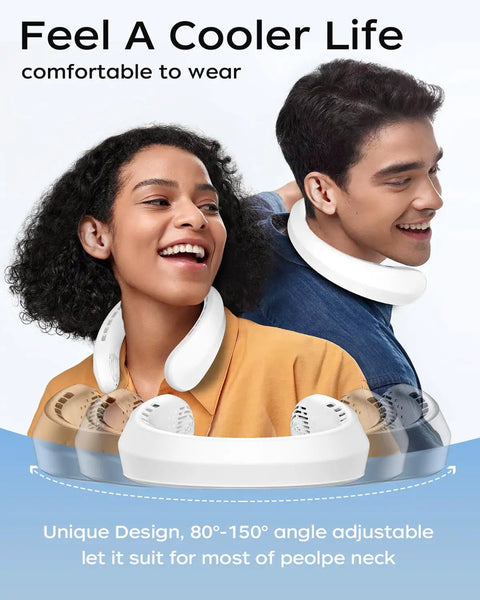 Man and woman wearing Neck Fan Portable Personal Cooling Device With 5200mAh USB Rechargeable Battery 3 Speed Bladeless